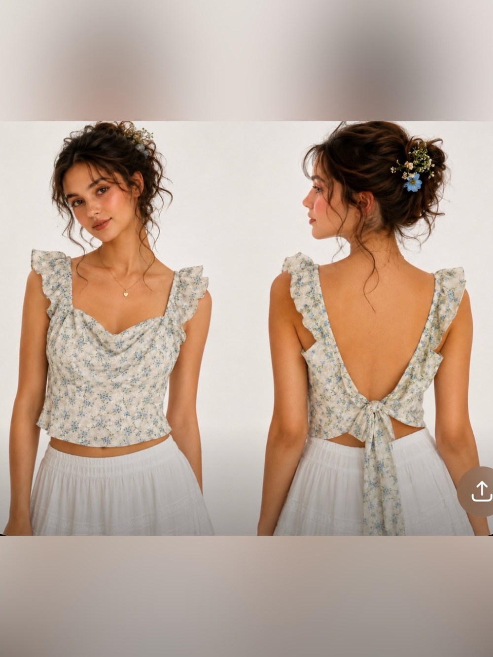 White & Blue Floral Cottagecore Coquette Feminine Ruffle Crop Top w/ Tie-Back XL